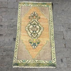 Vintage Turkish Oushak Rug Small Runner Doormat Accent Orange Wool